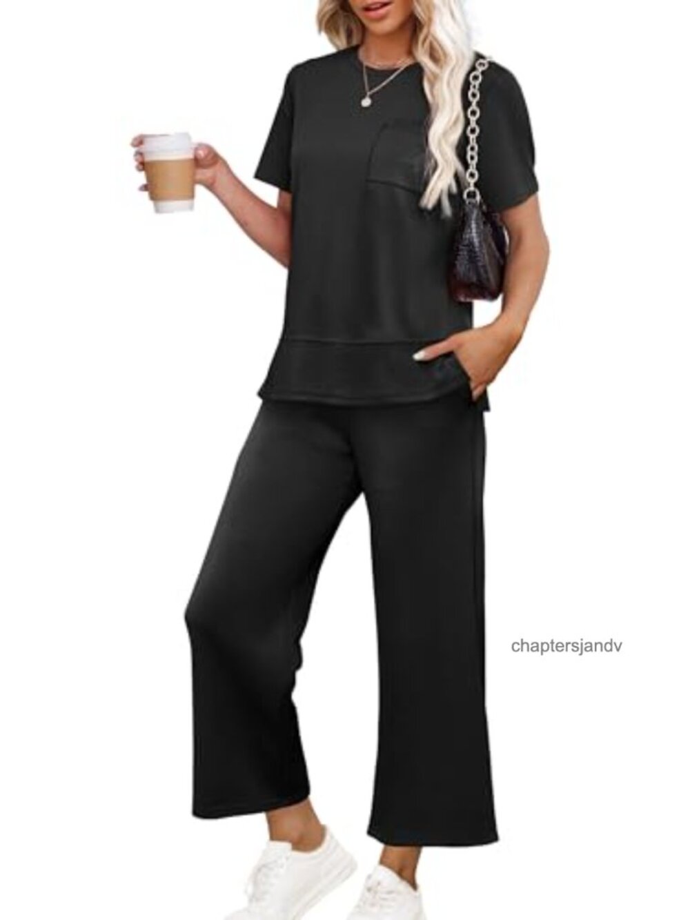 Lounge Set Wide Leg Crop Pants Short Sleeve Top 2 Piece Travel Set
